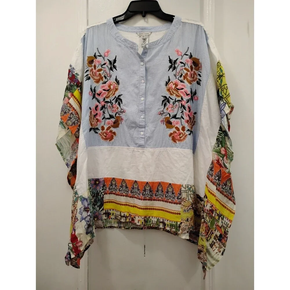 John Mark Women's Boho Top Size XL Linen Colorful Floral Embroidered Cottage - Picture 1 of 7